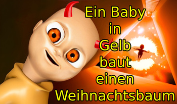 Ein Baby in Gelb baut einen Weihnachtsbaum